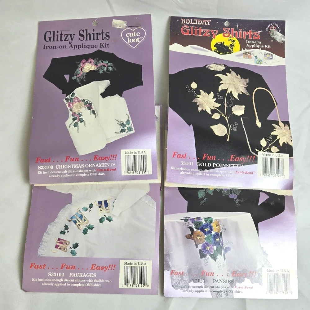 Lot of 4 What's New Ltd Glitzy Shirts Iron On Applique Kits New Sealed Vintage